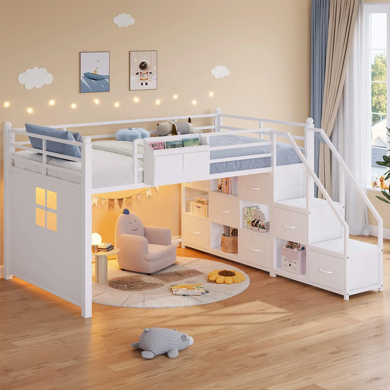 Twin Loft Bed with Stairs Cabinet&LED Lights, Low Loft Bed with 7 Storage Drawers & 5 Open Cubbies, Metal Twin Bed with Handy Clothes Rail, Safety Guardrail, Under-Bed Play Space, White