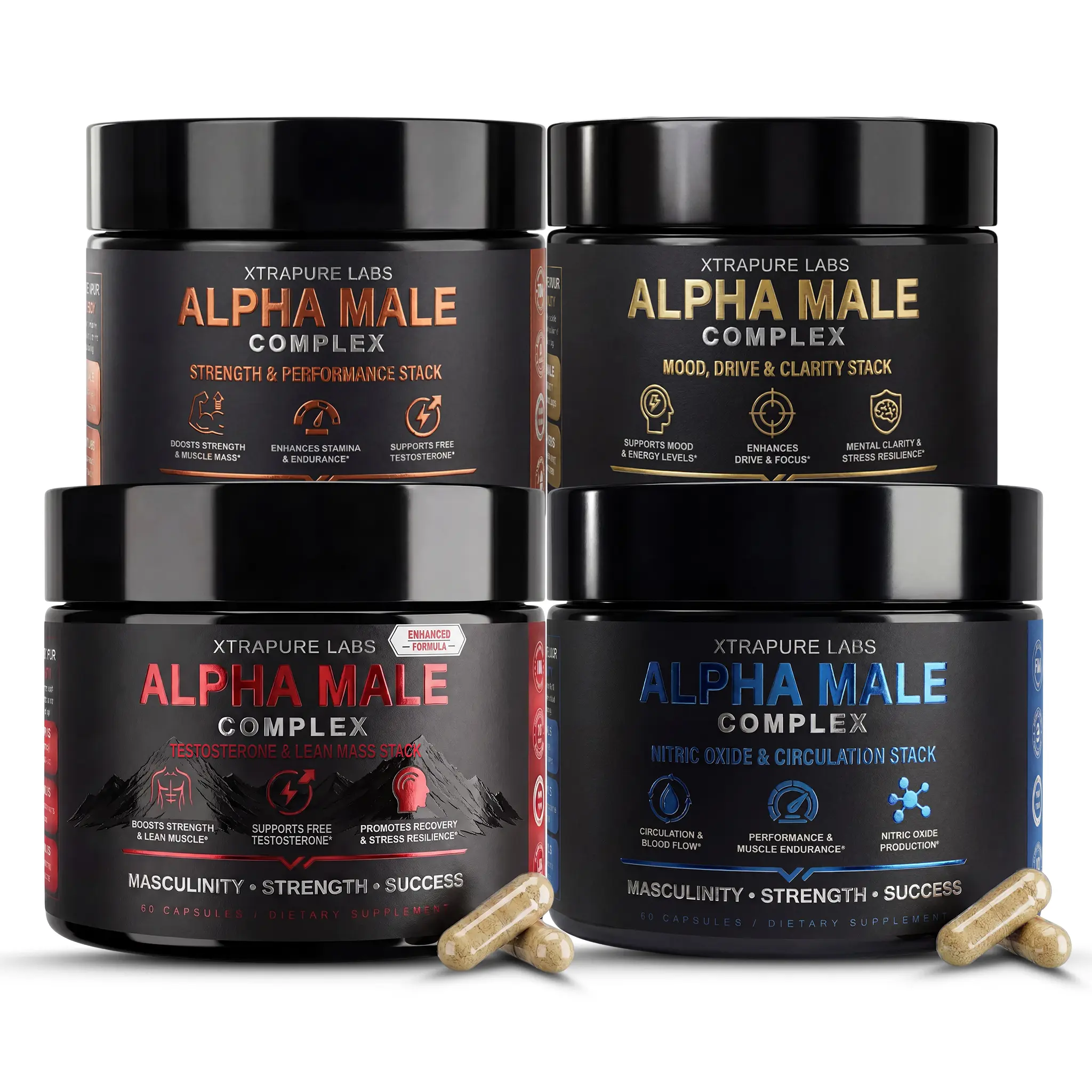 Alpha Male Complex 4-Stack Ultimate Bundle | Testosterone & Lean Mass + Strength & Performance + Mood, Drive & Clarity + Nitric Oxide & Circulation | Complete Daily Men’s Performance System