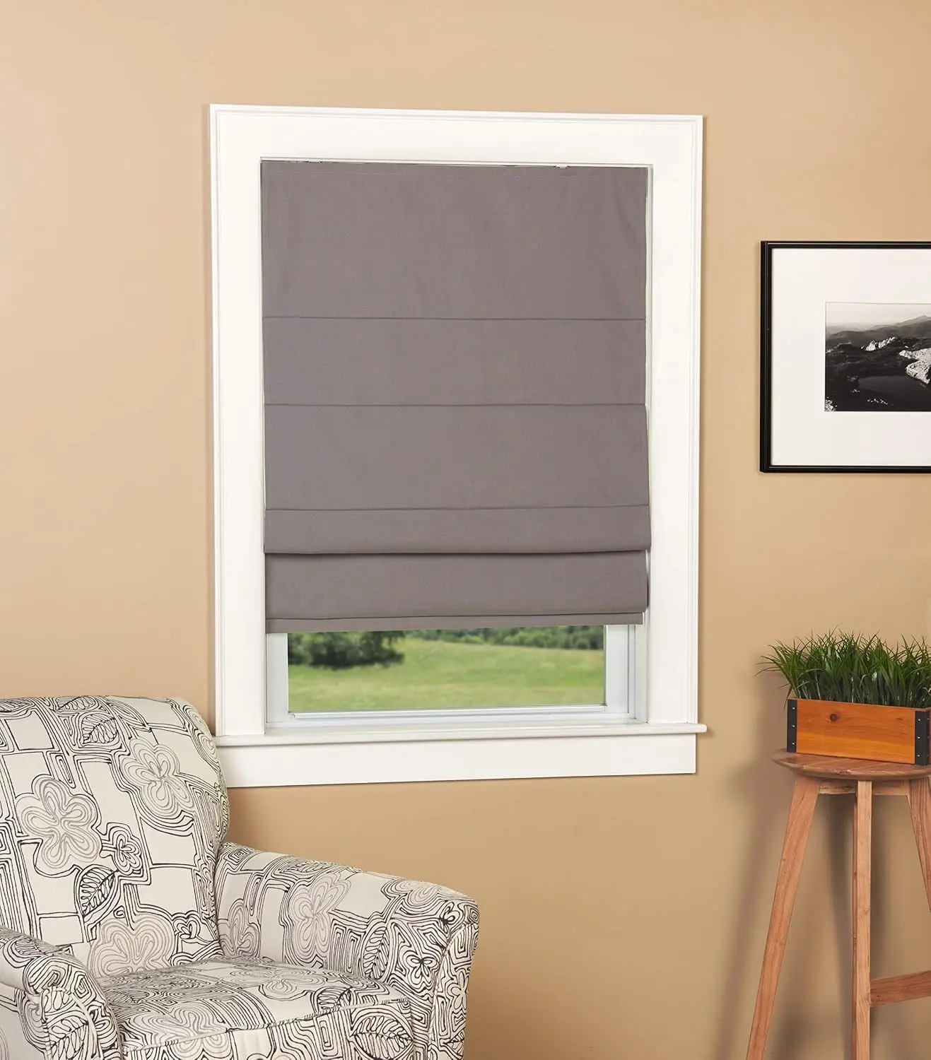 Linen Blend Fabric Blackout Cordless Roman Shade, Size 38" W x 63" L - Color: Stone Grey- Room Darkening Roman Shade for Windows - Thermal Backed Insulated Roman Shade