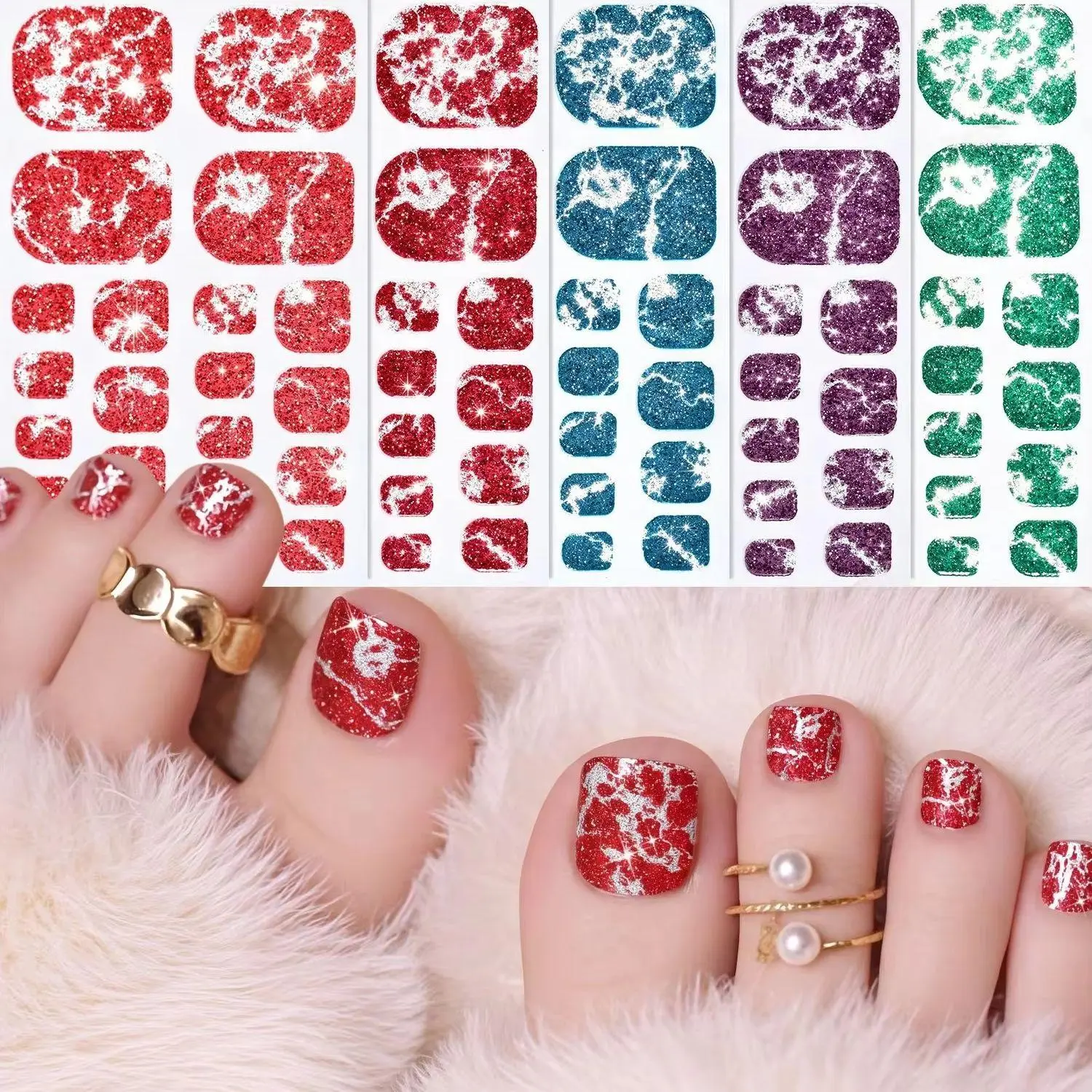 1Pc Spring Summer Toe Nail Stickers Full Wraps Glitter Toenail Strips Women Self Adhesive Toenail Decals DIY Foot Tips Sliders