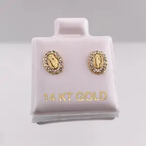 14k Gold Rhinestone Border Virgencita Earrings