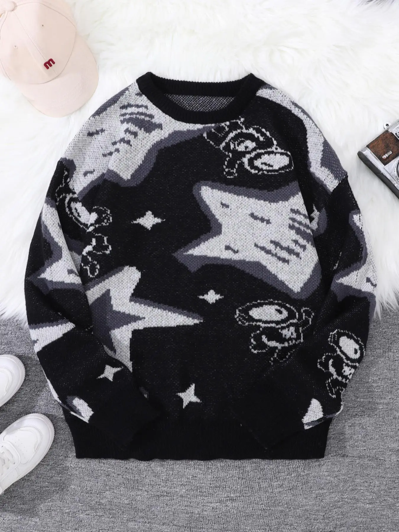 Men's Star & Astronaut Jacquard Round Neck Sweater, Casual Regular Fit Long Sleeve Jumper for Spring & Fall, Fashion Aesthetic Men's Knitwear for Daily Wear, Knit Sweater Clothing