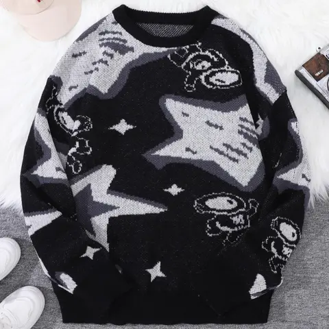 Men's Star & Astronaut Jacquard Round Neck Sweater, Casual Regular Fit Long Sleeve Jumper for Spring & Fall, Fashion Aesthetic Men's Knitwear for Daily Wear, Knit Sweater Clothing