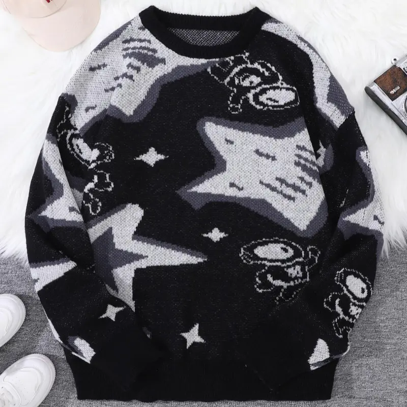 Men's Star & Astronaut Jacquard Round Neck Sweater, Casual Regular Fit Long Sleeve Jumper for Spring & Fall, Fashion Aesthetic Men's Knitwear for Daily Wear, Knit Sweater Clothing