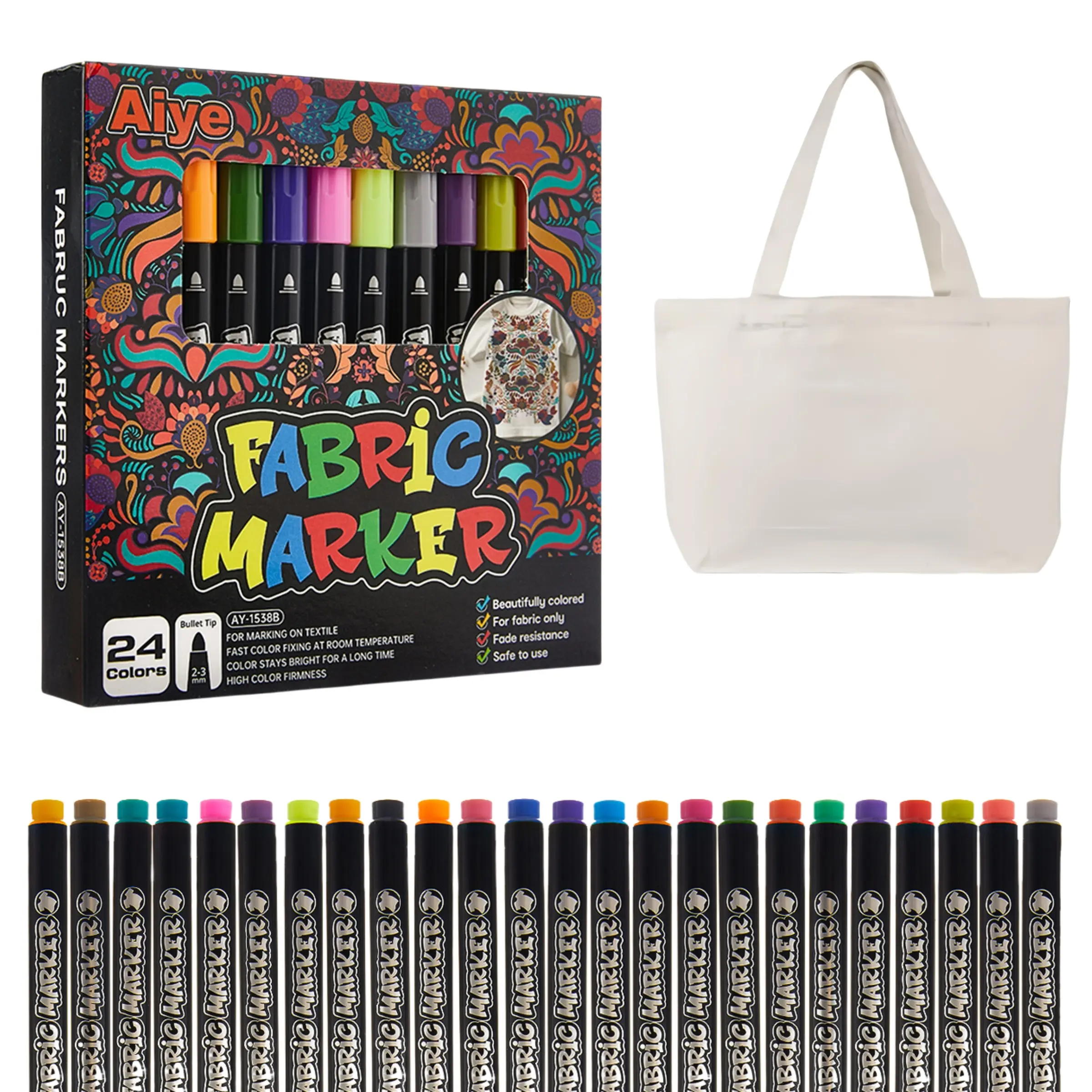 24 Color Fabric Markers Set with Canvas Bag, Quick-Dry Non-Fading DIY Art Pens, Coloring Markers, DIY Art Design, Perfect for Cloth Crafts, Shoes, Clothing, Books, Art Supplies, Art Materials