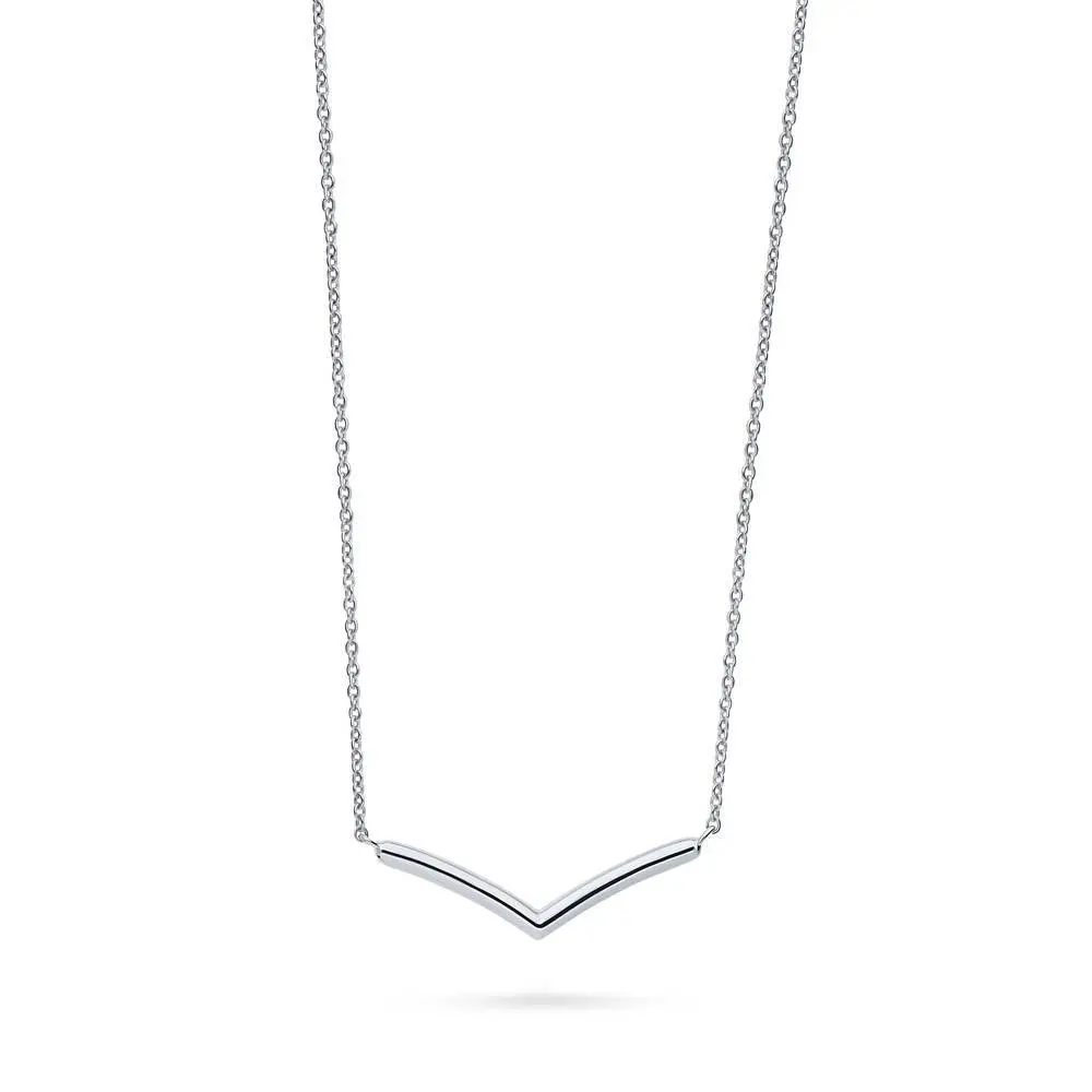 BERRICLE Sterling Silver Wishbone Chevron V Shaped Statement Pendant Necklace for Women 16 inch