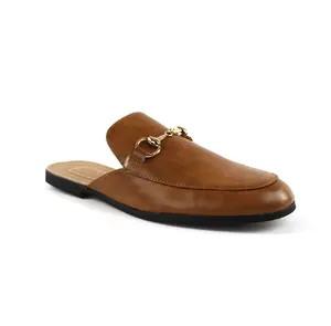 Men's Slip On Backless Loafers Cognac Brown With Gold Buckle Shoes Casual Fashion Footwear AZARMAN