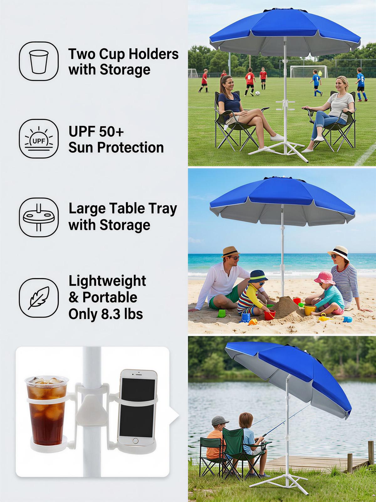 Portable Umbrella with Stand, UPF 50+ Sports Sun Shade Umbrella with Carry Bag, Hook and Cup Holders, Adjustable Instant Sun Protection for Sports, Beach, Royal Blue, Fishing