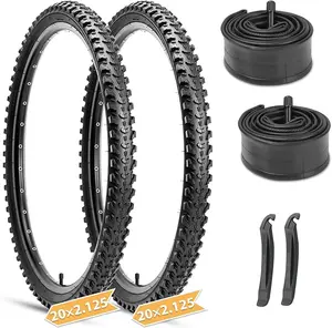 Hycline Mountain Bike Tires Set: 2-Pack 20/24/26x2.125 Inch Folding Replacement High-Density Bicycle Tires and Pair Inner Tubes with Tire Levers Compatible for Street & Off-Road Riding