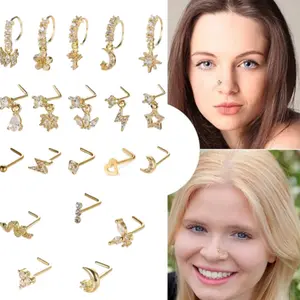 20pcs 20G Surgical Steel Dangle Nose Ring for Women L Shaped Dangling Nose Stud Dainty Nose Hoop Set CZ Flower Leaf Heart Moon Star