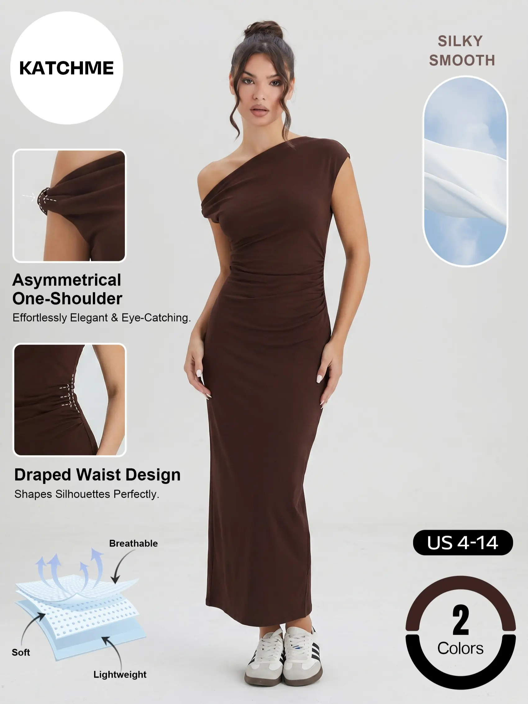 Katch Me Chic Women's Elegant Solid Color One Shoulder Draped Midi Dress, Sleek Soft Anti-Pilling Asymmetrical Neck Flattering Dress, Summer Ruched Skin-Friendly Dresses