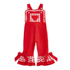 Toddler Girls Valentine's Day Gingham Romper Overalls Outfit Love Heart Bow Suspender Jumpsuit Ruffles Sleeveless Bell Bottoms Flared Pants