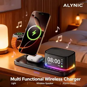 Qi2 5.3 Bluetooth-compatible Speaker 25W Magnetic Fast Wireless Charger Multifunctional Charging Station Alarm Clock Wireless Charger Stand Compatible with iPhone 17/16/15/14/13/12 Pro Max Apple Watch AirPods