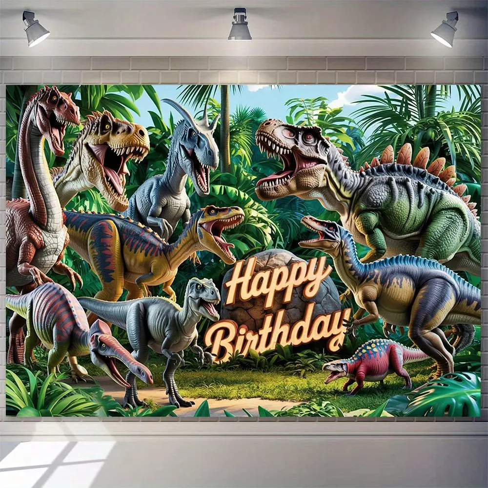 1pc Polyester Fiber Large Birthday Party Backdrop, Jungle Scene Diverse Dinosaurs Decor, Festive Supplies for Prom Party Banners & Ornaments