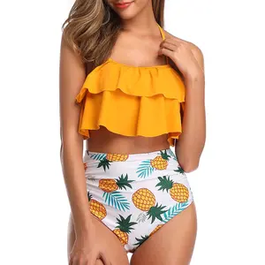 Tempt Me Women Two Piece Swimsuit High Waisted Ruffled Bikini Juniors Swimsuits for Teen Girls Ruffle Tummy Control Bottoms Halter Bathing Suits with Moderate Coverage Bottom Swimwear
