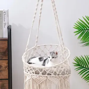 Handwoven Macrame Cat Hammock Swing Bed with Cushion for Indoor/Outdoor Wall Hanging
