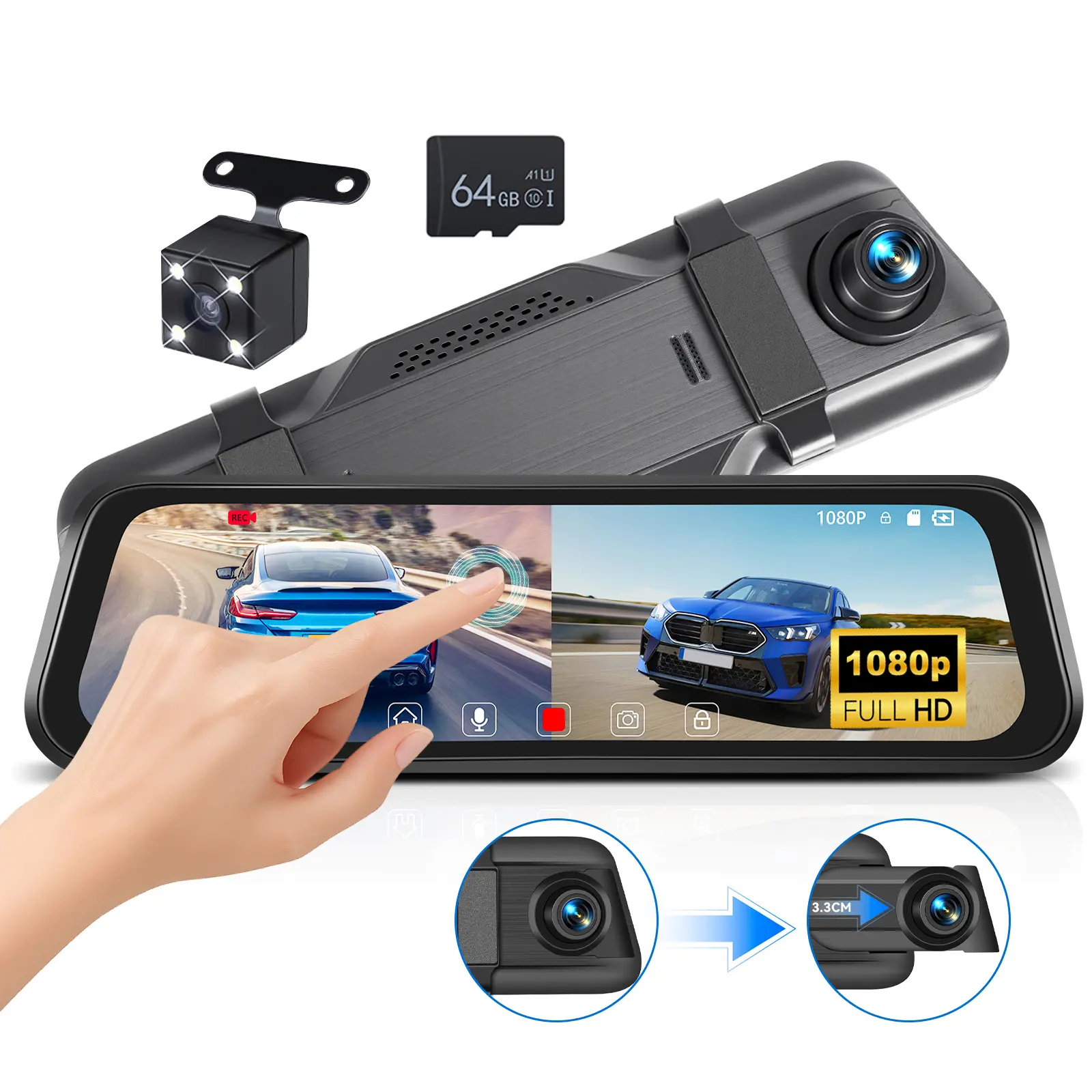 9.66-in Mirror Dash Cam Front and Rear Dual Camera for Cars, Trucks, Vans - 1080P IPS Touch Screen, 150° Wide Angle, Loop Recording, Reverse Assist, 4-LED Backup Camera, Micro SD Compatible, Car Accessories Bundle, Vehicle Accessories