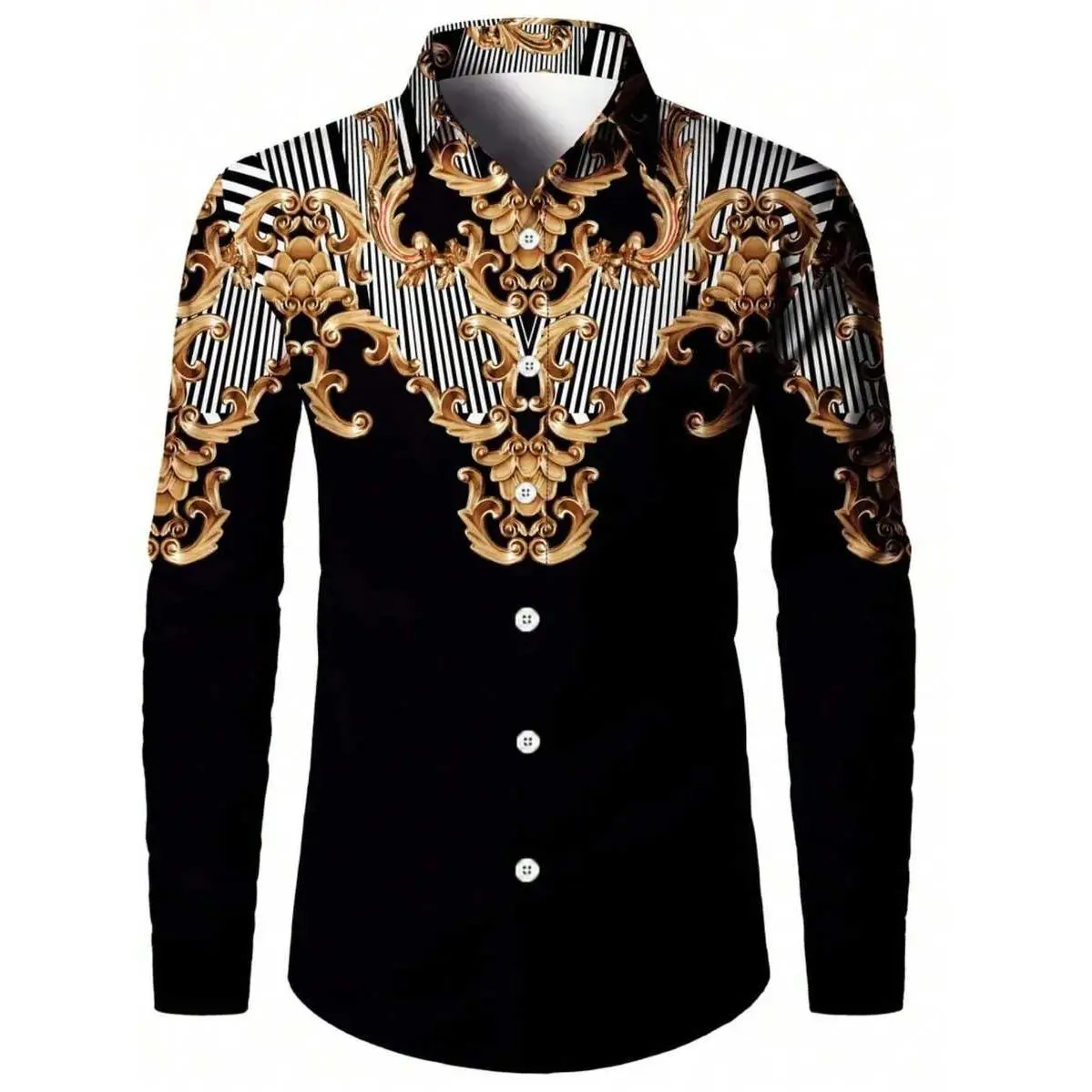 Men's Baroque Style Vintage Print Lapel Woven Button Casual Long Sleeve Shirt Tops - Basics, Avant-Garde Crew Culture, Asymmetrical Design, All-Season, Outdoors & Commuting Wear (Do Not Dry Clean)