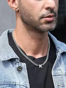 Initial Cuban Chain Necklace Unisex Stainless Steel Silver Color, Fashionable Letter Pendant Jewelry Gift for Men and Women