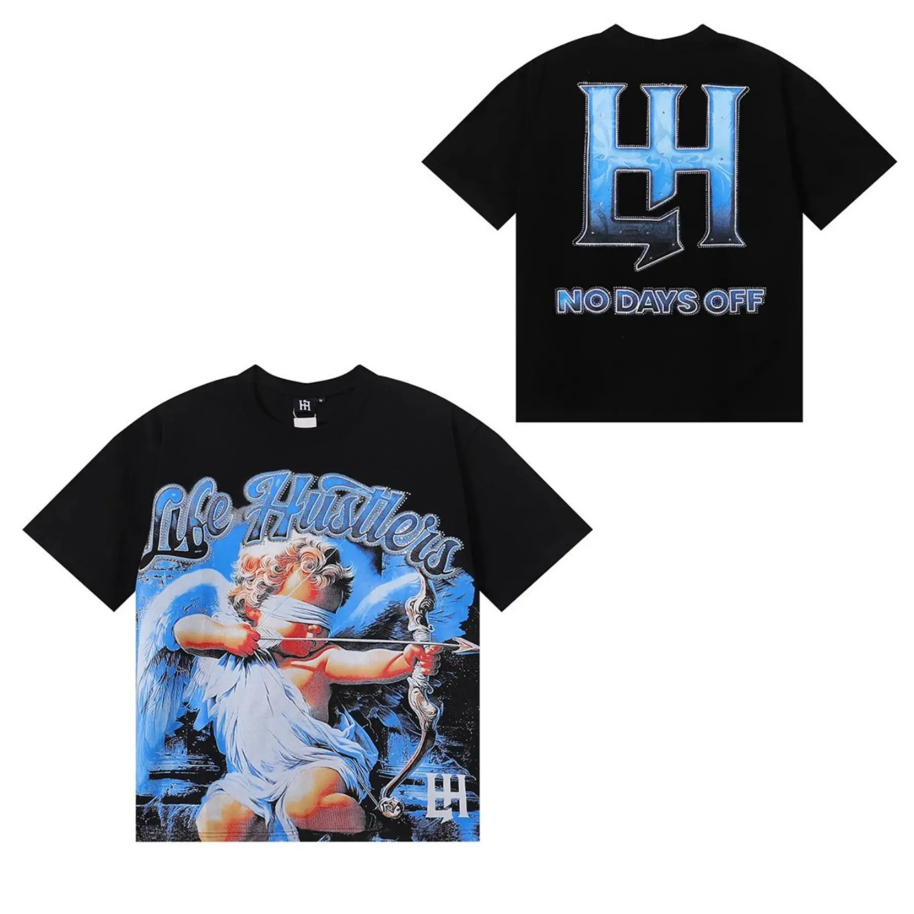 Life Hustlers Heavyweight Black Blindfold Cupid Angel Double Sided No Days Off Rhinestone Graphic T-Shirt 100% Cotton Oversized Y2K Hip Hop Crew Neck Tee Summer Streetwear Men Women