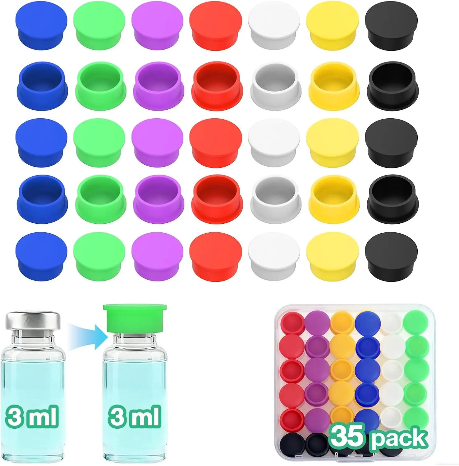 3Ml Silicone Peptide Vial Caps, 35 Pcs Reusable Protective Covers Fits 1Ml 2Ml 3Ml Glass Bottles, Multi-Color Lids for Peptide Case Storage & Fridge Organization, 7 Colors WIBOND