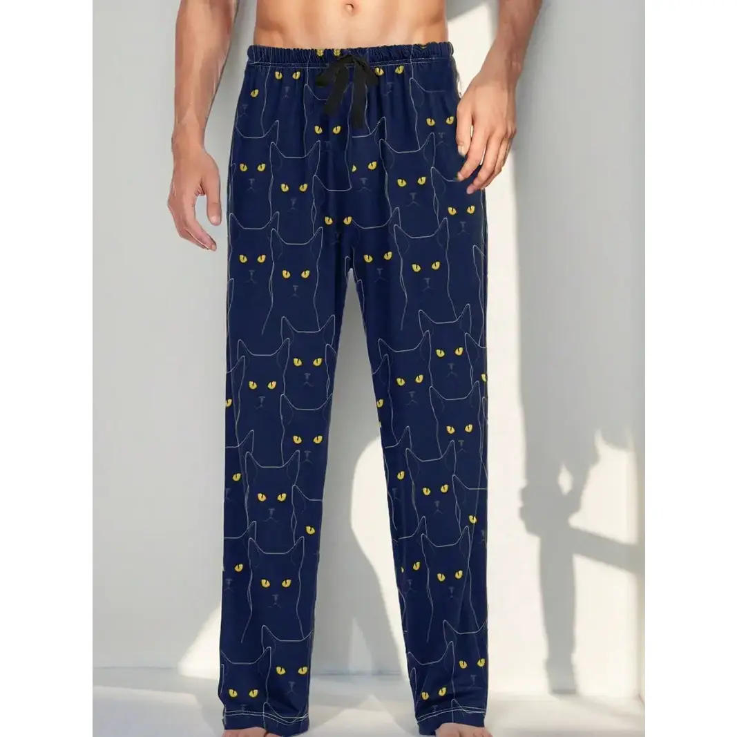 Cat Print Sleep Pants, Men's Cozy Lounge Bottoms, Elastic Waist Pajamas, Comfortable Indoor Home Wear