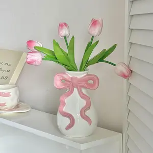 Pink bow, white vase, Charming appearance, modern Bohemian style home decoration wedding centerpiece, housewarming vase, for use in living room cabinets, realistic flower vase for flower arrangement, flower water culture decorative item, Mother's Day gift