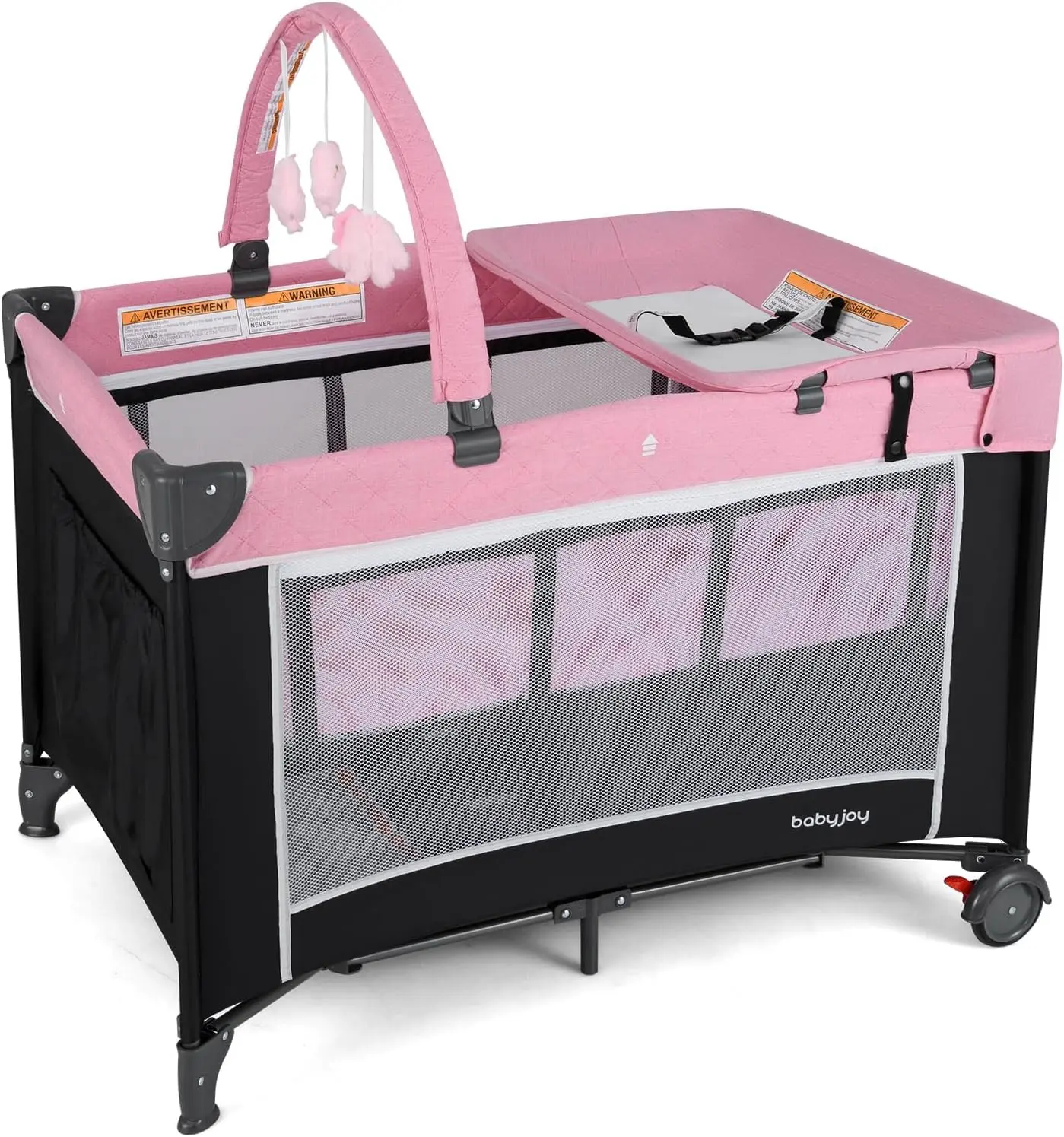 3 in 1 Pack and Play, Travel Baby Crib Bassinet Bed with Bassinet for Girl, Changing Table w/Safety Belt, Hanging Bar, Lockable Wheels, Portable Baby Playard from Newborn to Toddler