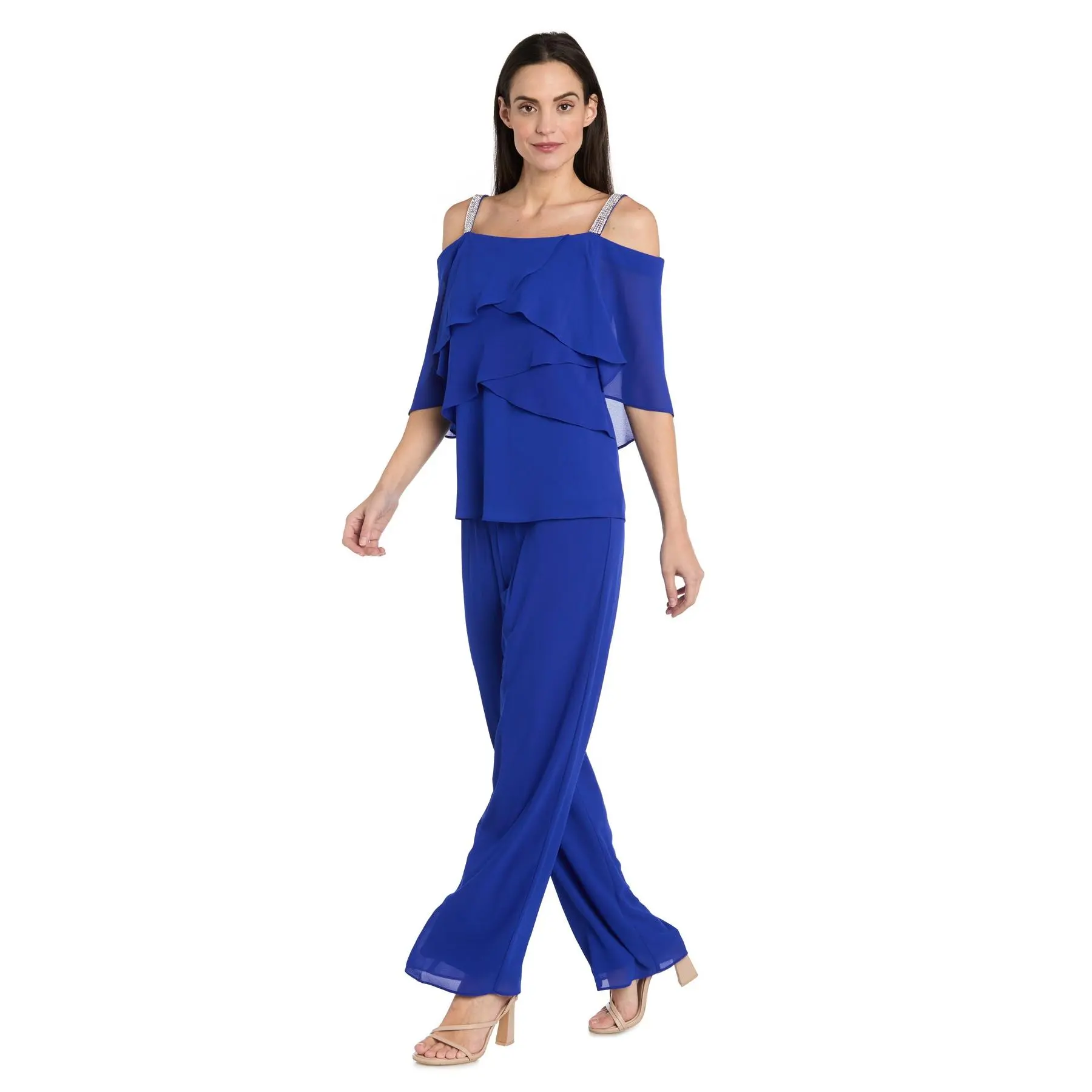Pantsuit with Rhinestone Straps and Ruffle Top