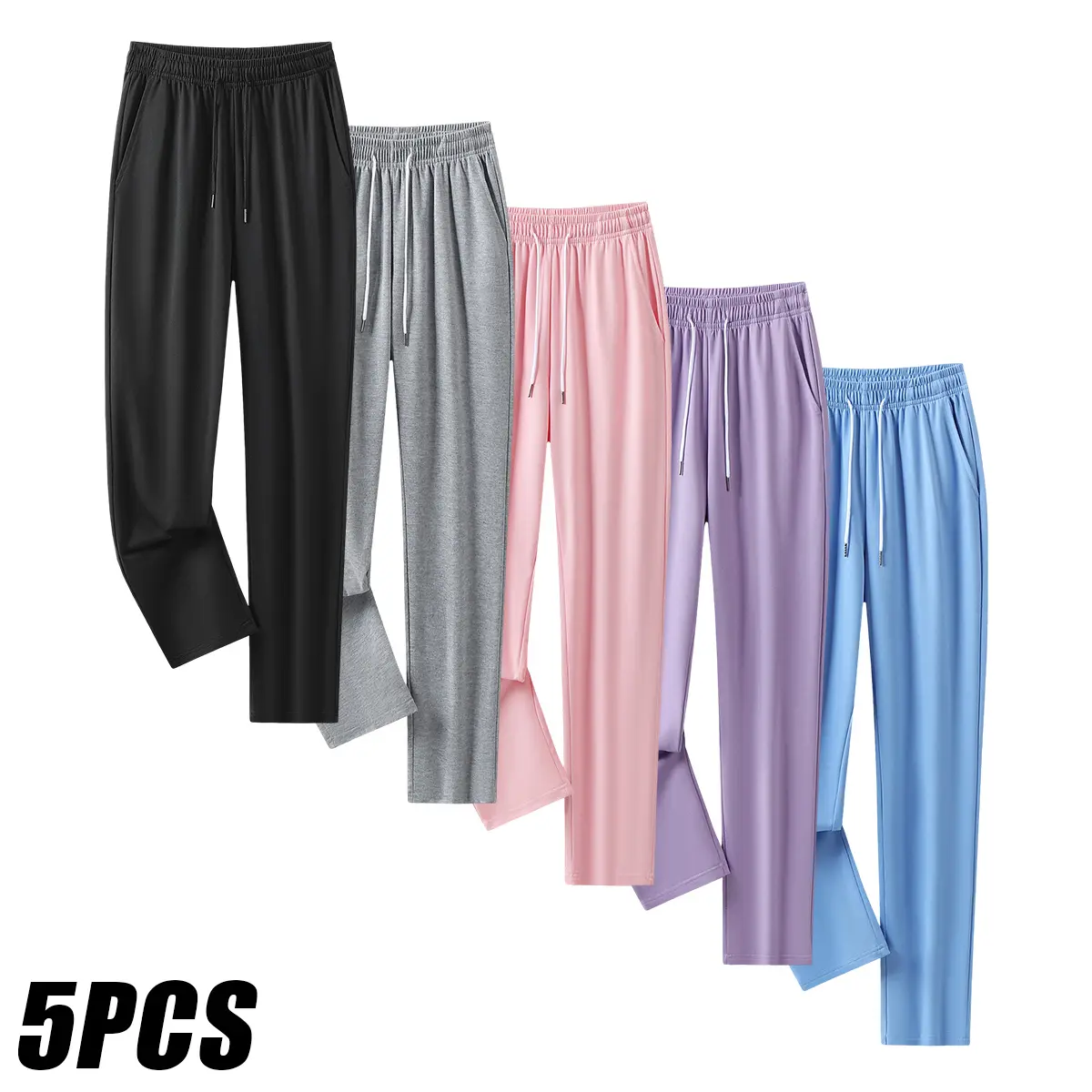 JOGWAVE Women’s Basic Activewear 5PCS Straight-Leg Sweatpants - Elastic Drawstring Waist, Soft Loose Casual Long Pants with Side Pockets, Lightweight Athletic Sportswear Loungewear Bottoms for Home, Street Use