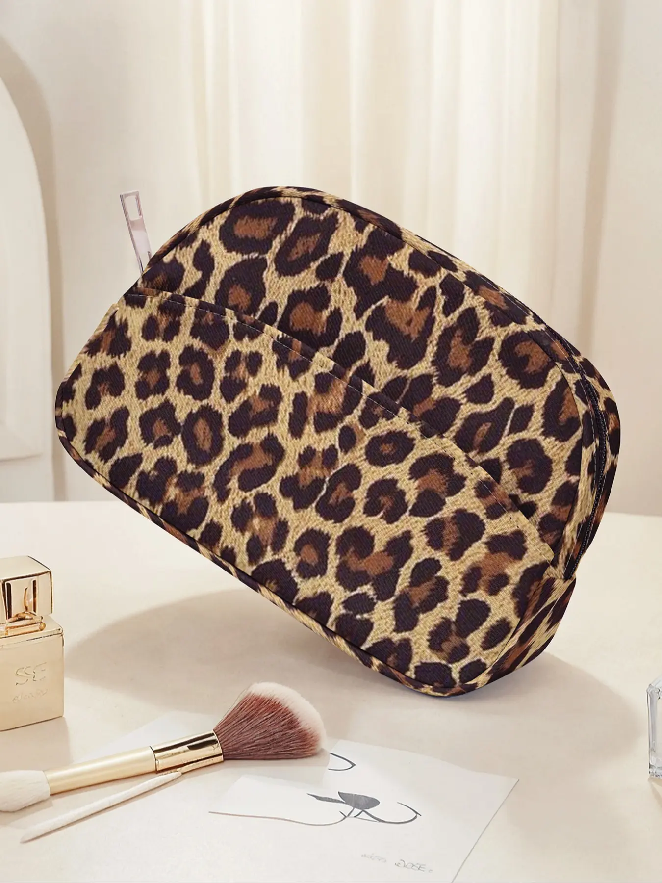 Leopard Pattern Portable Travel Cosmetic Bag, Brush Holder Organizer, Makeup Organizer Pouches, Large Capacity Toiletries Storage Pouch, Cute Fashion Makeup Bag, Handheld Cosmetic Pouch