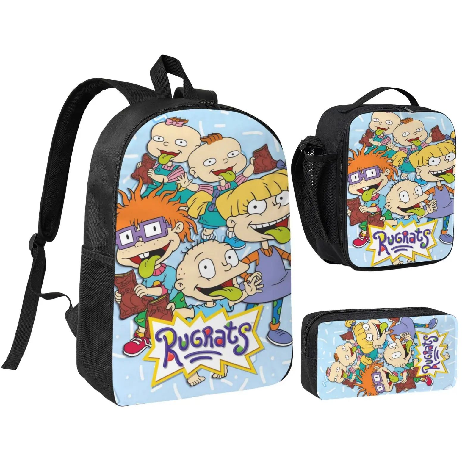 Rugrats 3-in-1 Waterproof Backpack Set for Boys & Girls - Sturdy Casual School Daypack with Insulated Lunch Tote, Pencil Pouch - Ideal for Hiking, Daily Commute, Teens, Durable Water-Resistant Fabric, Padded Shoulder Straps