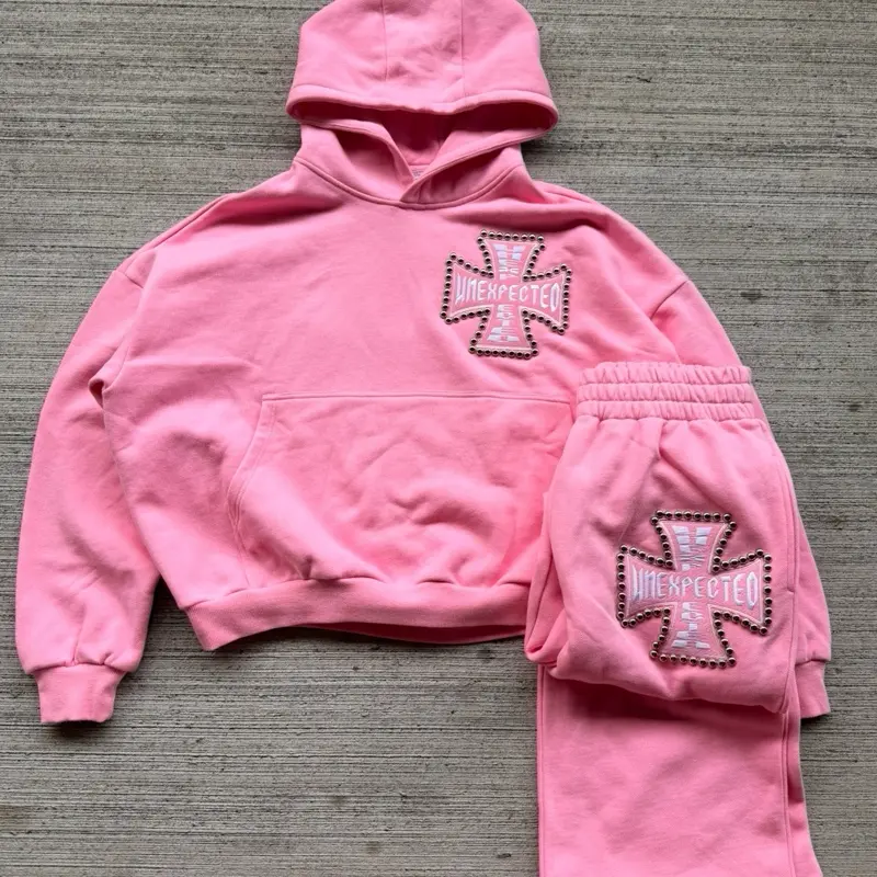 Savior Pink Set - Hoodie with Embroidered Cross Design & Matching Sweatpants for Cozy Style