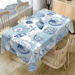 Ocean Theme Rectangle Tablecloth, Shell Conch Pattern Washable Table Cover, Indoor Outdoor Use, Kitchen Dining Room Decor, Wedding Party Beach Camping
