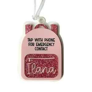 Custom Backpack Bag Tag with NFC Emergency Contact Personalized Name Tag for Kids School Safety Tag Back to School Gift Acrylic Material Pink Glitter Design