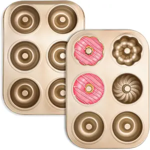 2PCS 6-Cavity Carbon Steel Donut Pan Nonstick Easy Clean Dishwasher Safe Donut Mold for Baking Doughnut Cake Dessert & Bagel (Champagne Gold)