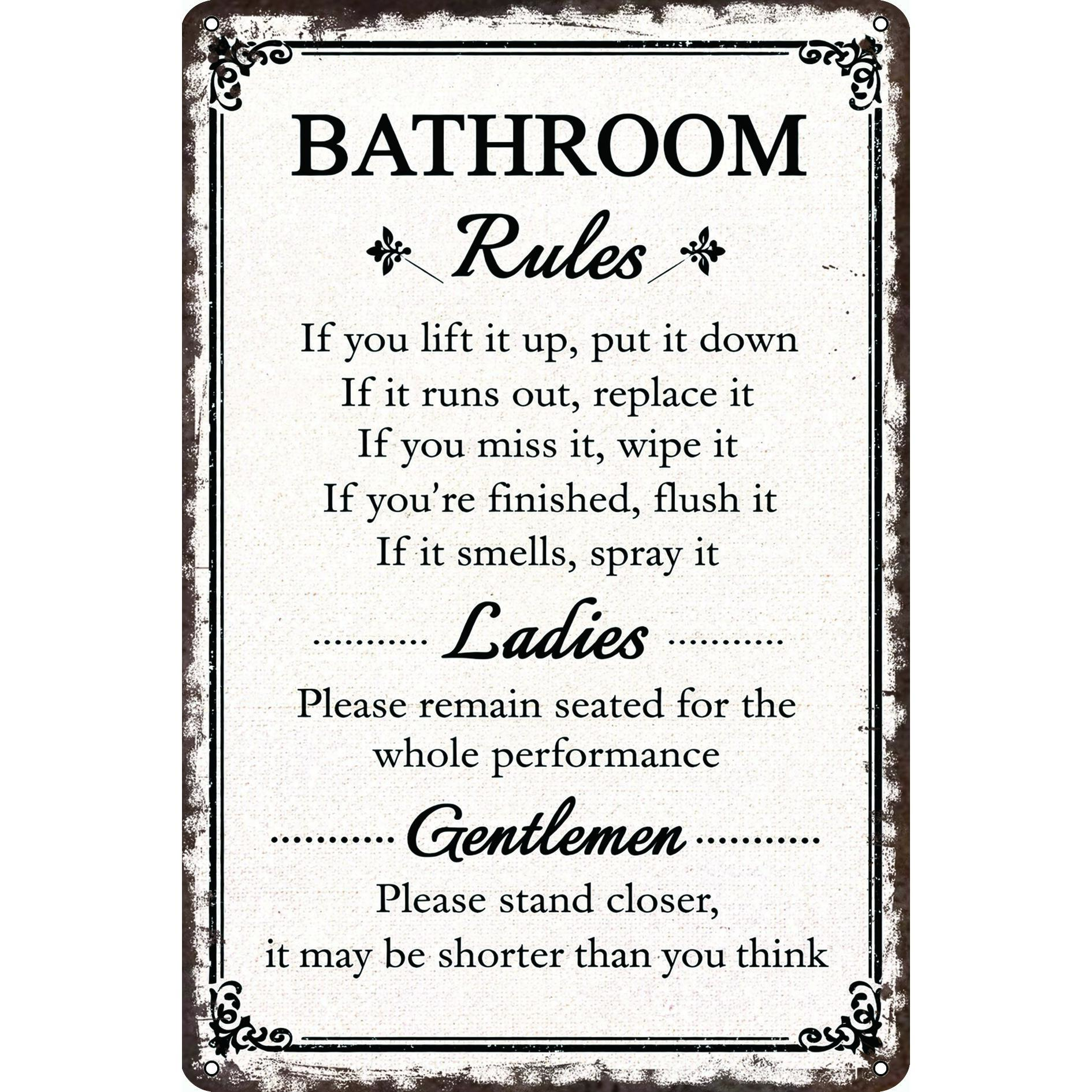 8x12 Inch Aluminum Metal Sign - Bathroom Rules Ladies & Gentlemen - Funny Retro Bathroom Wall Decor for Home, Apartment, Restroom, Office, Bar, Pub, and Guest Bathroom - Humorous Toilet Art Plaque for Gag Gifts & Housewarming Presents