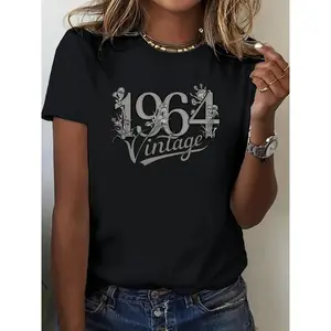 Women'S Vintage 1964 Graphic T-Shirt - Casual Crew Neck Short Sleeve Tee, Cotton 100% Spandex 100%, Machine Washable, All-Season Wear, Black with Floral Lettering, Casual Wear Tee | Relaxed Fit Tee | Stretchy Fabric Te Tops Womenswear shirts women