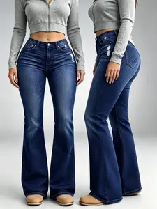 Women's Dark Wash Mid-Rise Stretchy Bootcut Denim Pants, Cowgirl Western Outfits Womenswear Bottoms