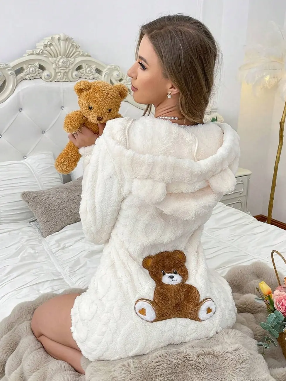 Apricot Animal Hooded Bear Embroidered Plush Fluffy Long Sleeve Romper