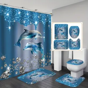 1pc/4pcs Sparkling Diamond Dolphin Printed Shower Curtain Set Made of Polyester Fabric, 3D Bathroom, Durable Non-Slip, U-Shaped Toilet Seat Cover, Bathroom Decoration