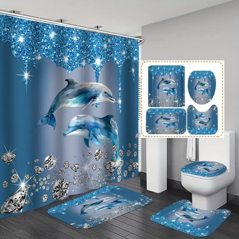 4pcs Bathroom Curtain Set - 1pc 35.43x70.87inch Polyester Weave Sparkling Ocean Dolphin Printed Unlined Tab Top Shower Curtain with Hooks, 3D Decor, Durable Non-Slip U-Type Toilet Seat Cover, All-Season Supply (Do Not Iron)