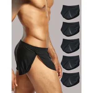 5pcs Breathable Comfortable Men's Underwear - Solid Color Plaid Elastic Side Split Sports Arrow Pants, Stylish Gym Workout Undergarments jockstrap guy liner lace underwear shorts men dancers belt boxer waistband pants