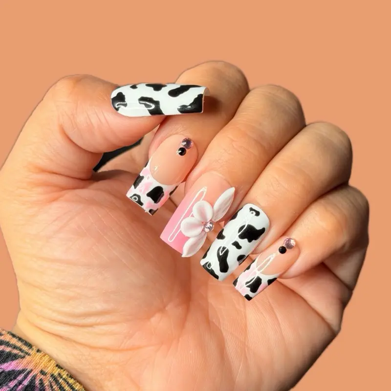 Western Square Press On Nails High Gloss Long-lasting Cow Print Pink White 3D Flowers Classic Look Glossy Finish