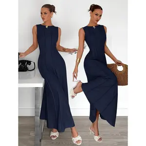 Women's Sleeveless Maxi Dress -Line Bodycon Flared Dress with Round Neck Seamed Bodice - Solid Color -Length Dress Suitable for Formal, Office, Wedding, Beachwear, Machine Washable Spring Summer Fall Dress