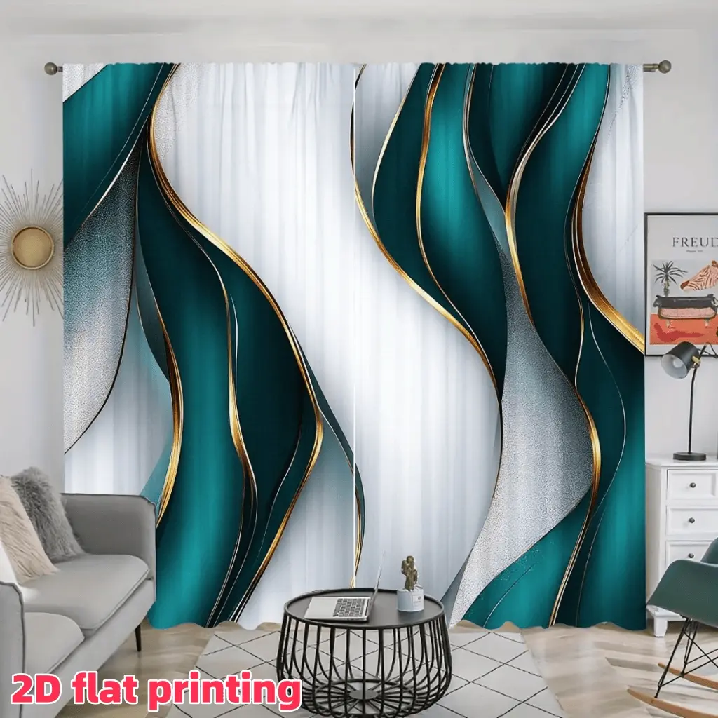 2D Flat 2Pcs Abstract Teal Gold Silver Swirl Design Curtain Panels, Semi Sunshade Polyester Fabric, for Modern Home Living Room Bedroom Apartment Window Decoration, Accessory, Anti-Privacy.