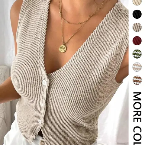 【Black Friday】Women's Solid Color V-Neck Vest, Minimalist Basic Casual Sleeveless Top, Button Design Comfy Vest for Daily Wear, All Seasons Ladies Clothes
