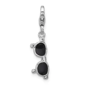 Amore La Vita Sterling Silver Rhodium-plated 3-D Black Enameled Sunglasses Charm with Fancy Lobster Clasp