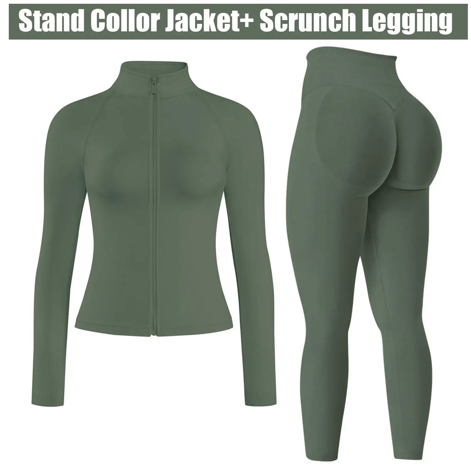 Jetjoy Stand Collor Long Sleeve Workout Sets for Women 2 Piece, Long Sleeve Zip-Up Jacket & High-Waist Leggings, Tummy Control Athletic Sportswear for Yoga, Athletic Fashion Activewear, Fitness Activewear