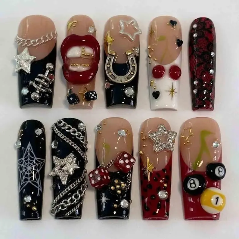 Red Black Y2K Press On Nails 3D Cherry Dice Spider Web Star & Chain Charm Leopard